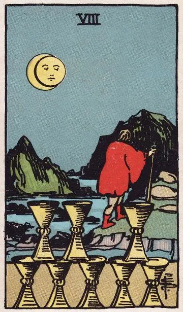 Eight of Cups tarot card from the Rider-Waite-Smith deck