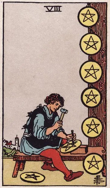 Eight of Pentacles tarot card from the Rider-Waite-Smith deck