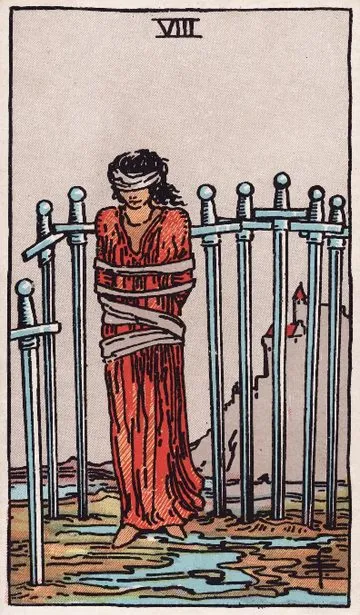 Eight of Swords tarot card from the Rider-Waite-Smith deck