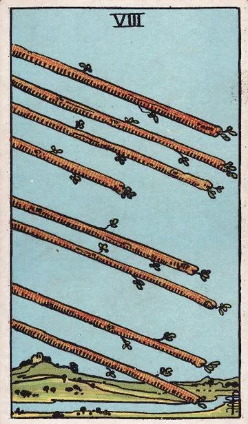 Eight of Wands tarot card from the Rider-Waite-Smith deck