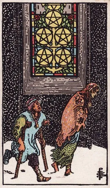 Five of Pentacles tarot card from the Rider-Waite-Smith deck
