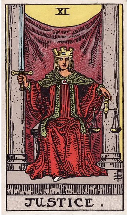 Justice tarot card from the Rider-Waite-Smith deck