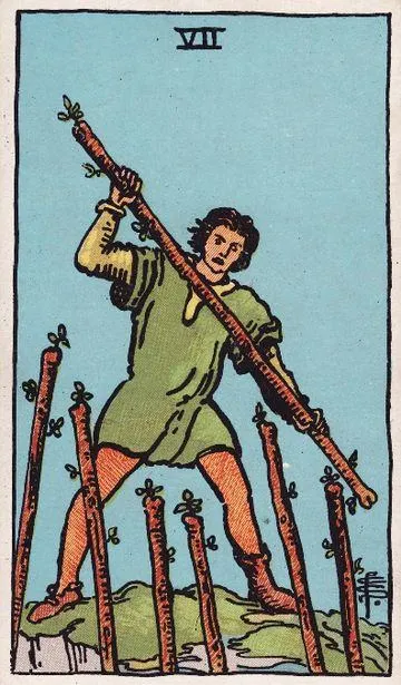 Seven of Wands tarot card from the Rider-Waite-Smith deck