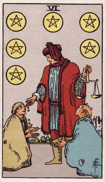 Six of Pentacles tarot card from the Rider-Waite-Smith deck
