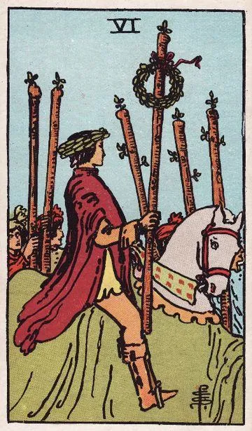 Six of Wands tarot card from the Rider-Waite-Smith deck