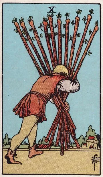 Ten of Wands tarot card from the Rider-Waite-Smith deck