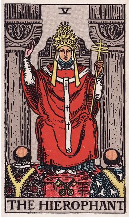 The Hierophant tarot card from the Rider-Waite-Smith deck