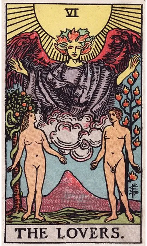 The Lovers tarot card from the Rider-Waite-Smith deck