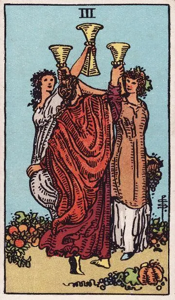 Three of Cups tarot card from the Rider-Waite-Smith deck