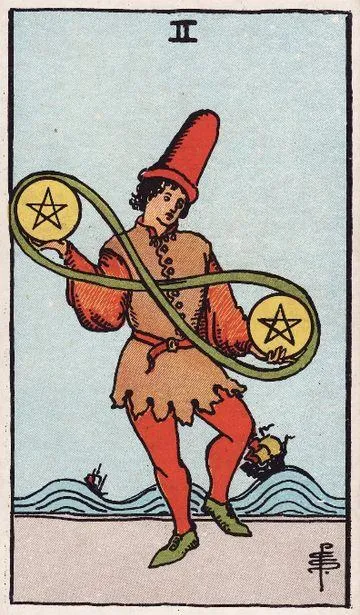 Two of Pentacles tarot card from the Rider-Waite-Smith deck