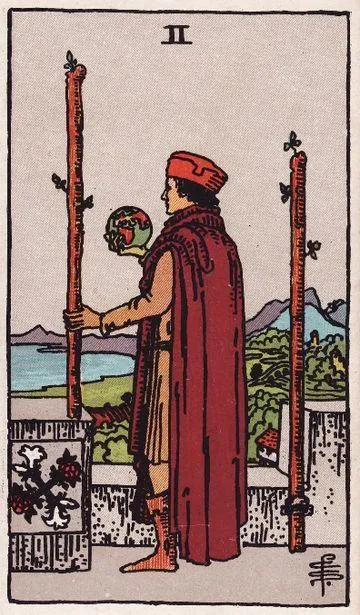 Two of Wands tarot card from the Rider-Waite-Smith deck